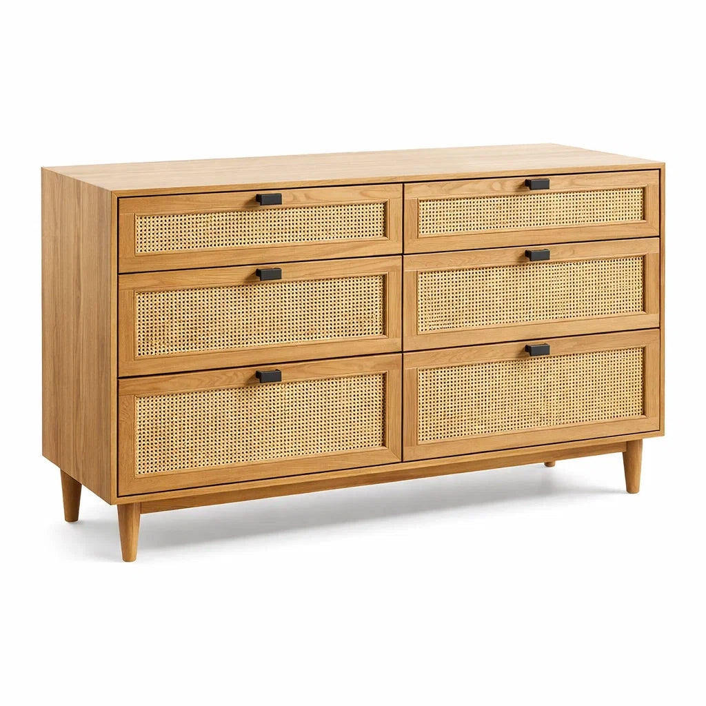 Cassettiera in Legno massello con 6 cassetti e frontali in Rattan
