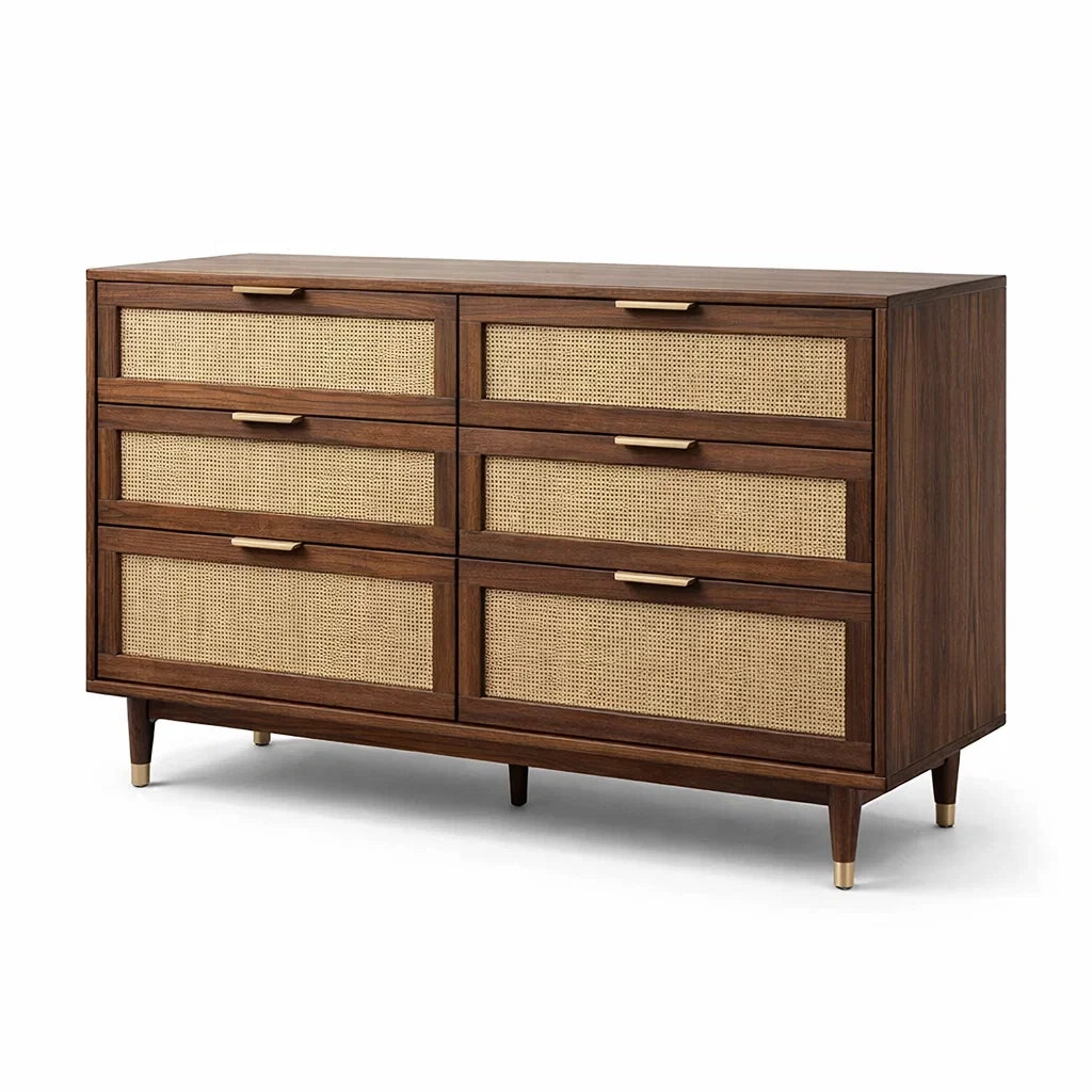 Cassettiera in legno di noce con cassetti in rattan