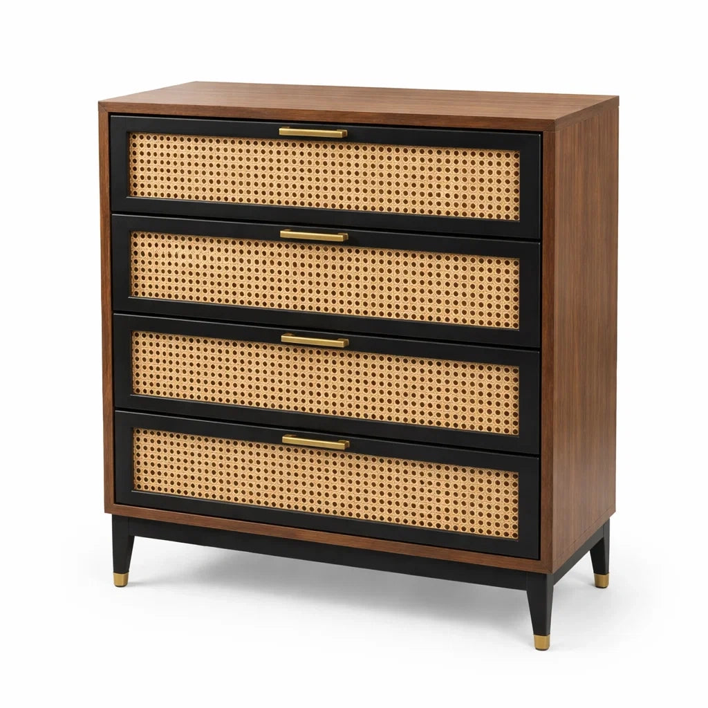 Cassettiera in legno e rattan con 4 cassetti marrone e nero