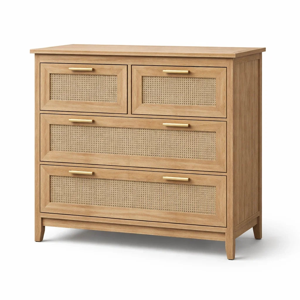Cassettiera in legno di quercia e rattan con 4 cassetti
