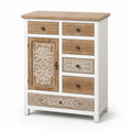 Cassettiera in Legno con Dettagli Intagliati, Bianco/Naturale, 80x35x100 cm