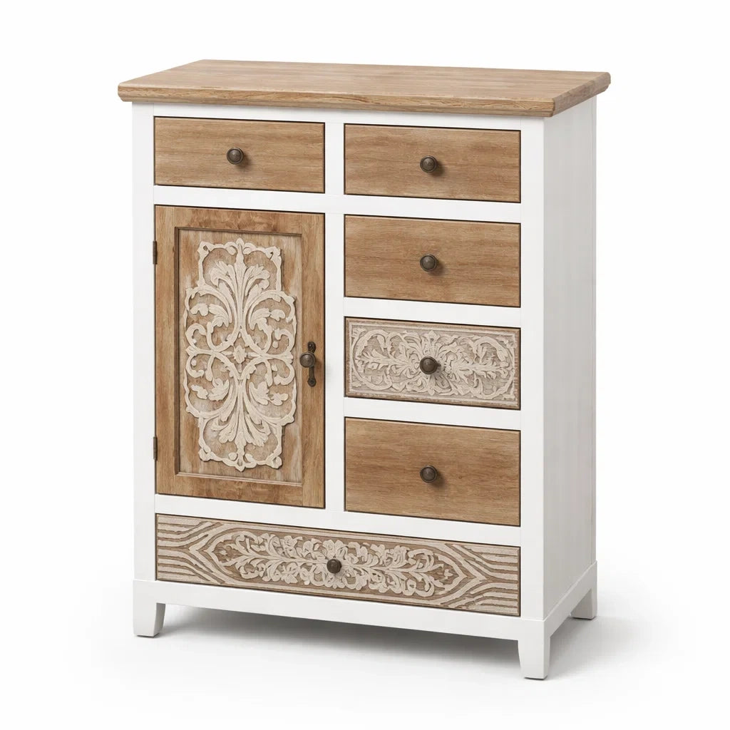 Cassettiera in Legno con Dettagli Intagliati, Bianco/Naturale, 80x35x100 cm