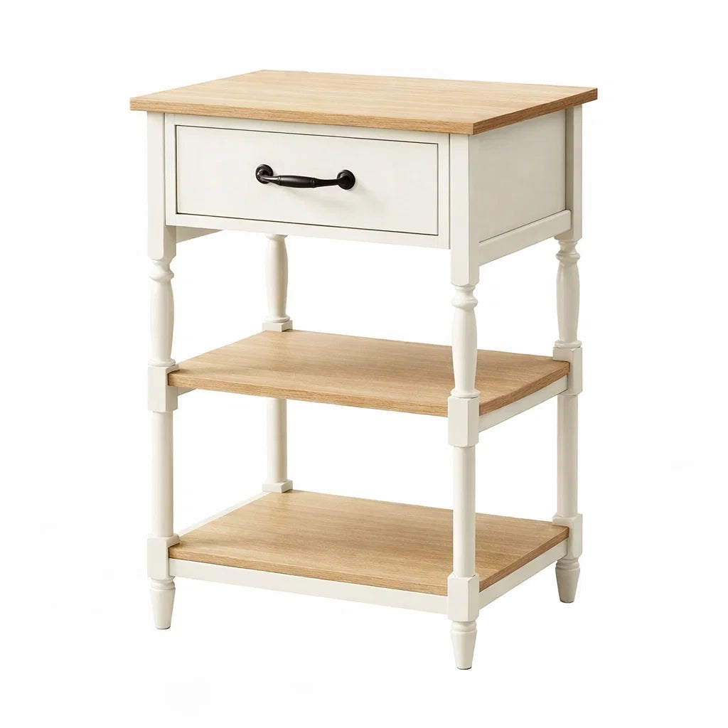 Comodino in Legno con Cassetto e Ripiani Bianco e Naturale