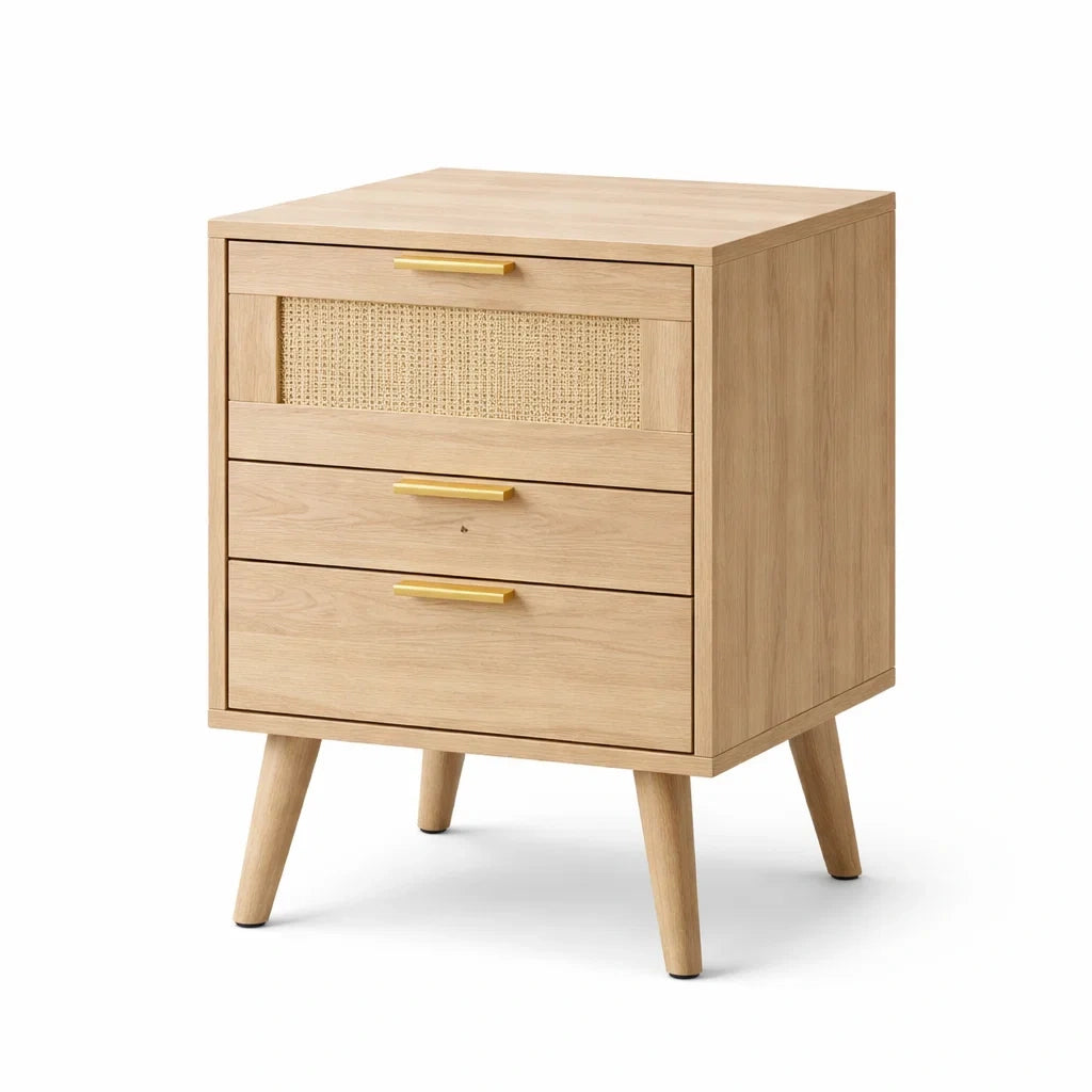 Comodino in Legno con 3 Cassetti e Intarsio in Rattan