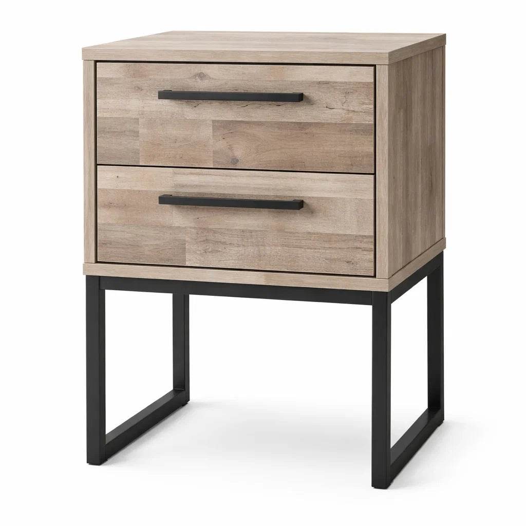 Comodino in legno chiaro e acciaio nero con 2 cassetti 45x35x60cm