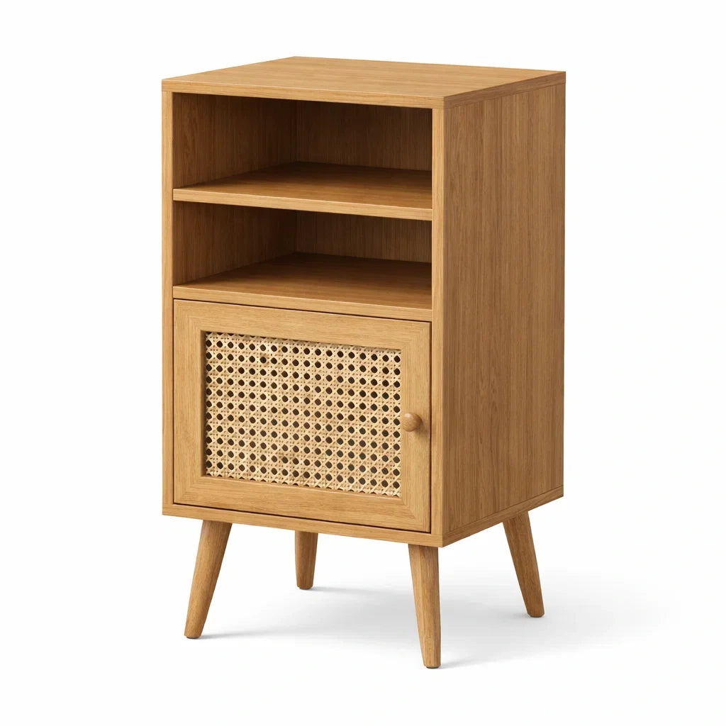 Comodino in Legno con Porta in Rattan