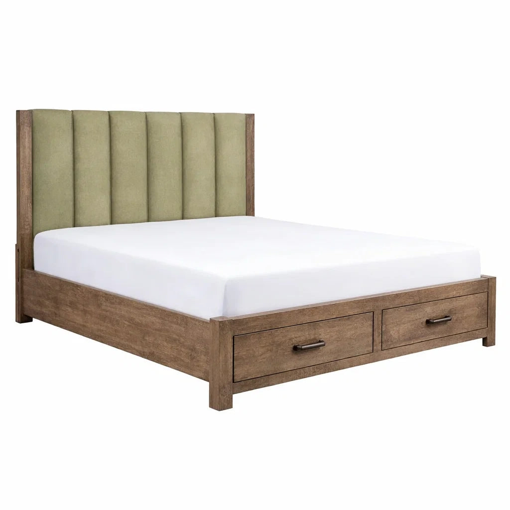 Letto matrimoniale in legno con testiera imbottita verde e cassetti