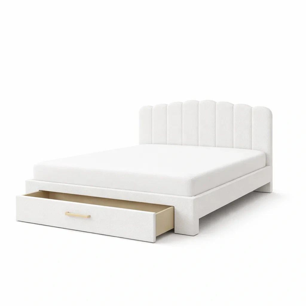 Letto matrimoniale con testiera imbottita e cassetto in legno e tessuto bianco