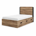 Letto singolo in legno con cassetti e dettagli in metallo nero
