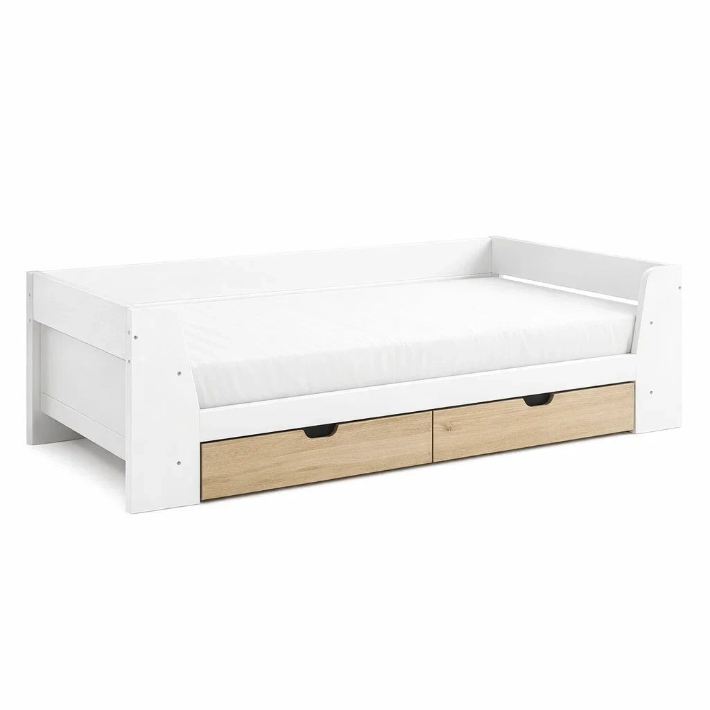 Letto singolo in MDF con cassetti Bianco e Quercia