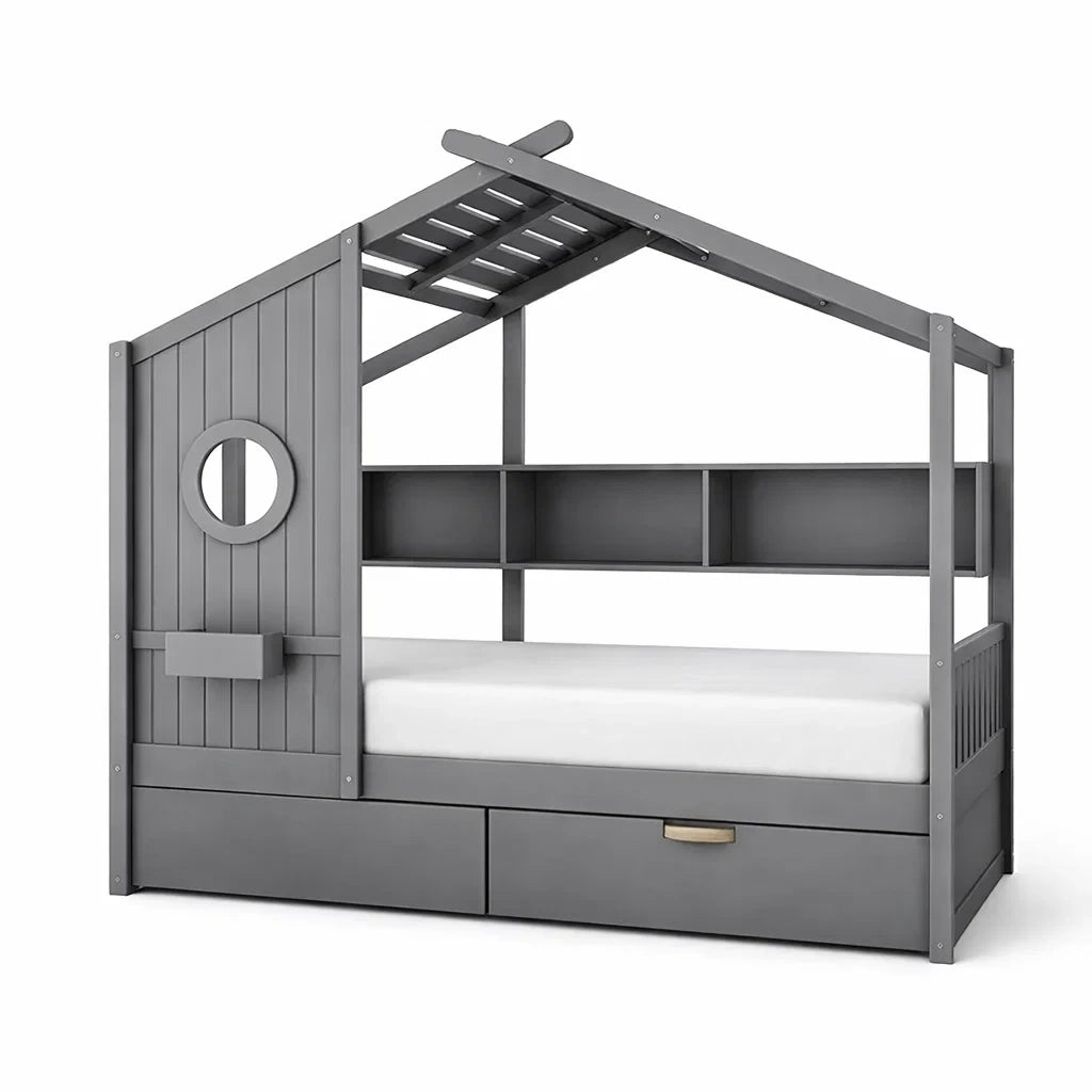 Letto per Bambini a Forma di Casa in Legno di Pino Grigio con Cassetti