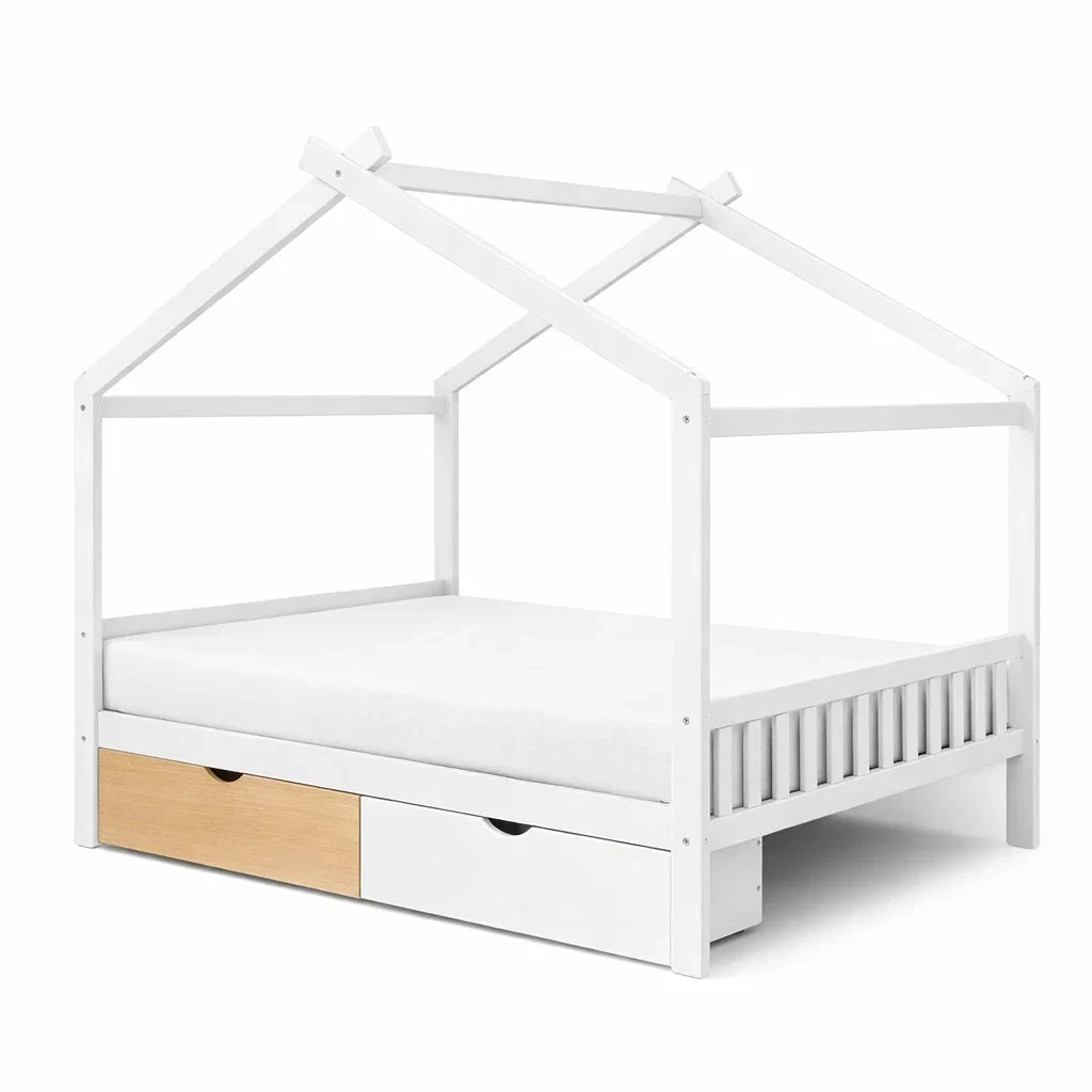 Letto per Bambini a Forma di Casa in Legno di Pino con Cassetti