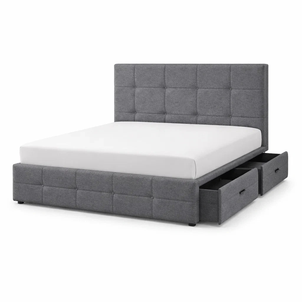 Letto matrimoniale con cassetti in tessuto grigio