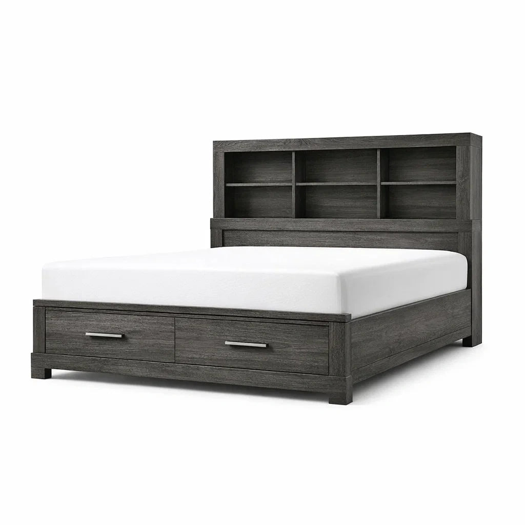 Letto Matrimoniale in Legno con Libreria e Cassetti Grigio