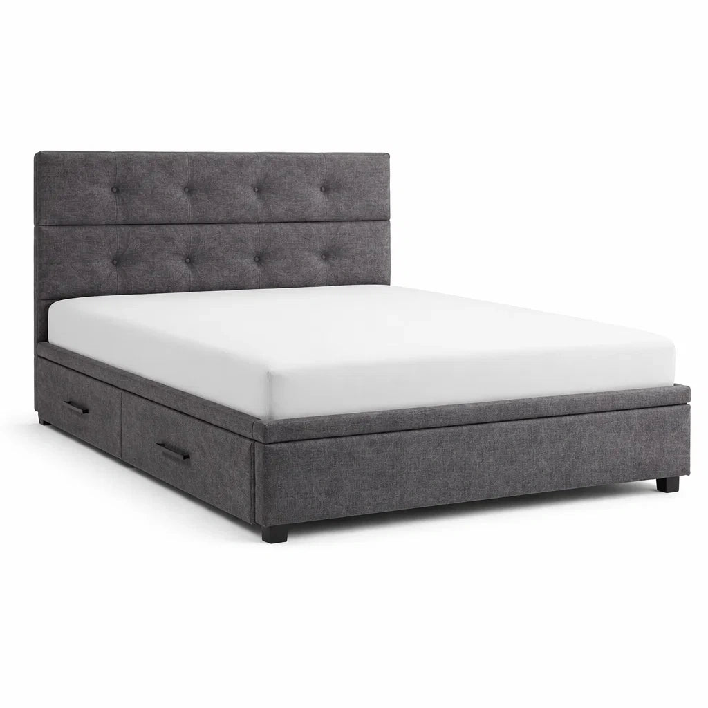 Letto matrimoniale in tessuto grigio con cassetti