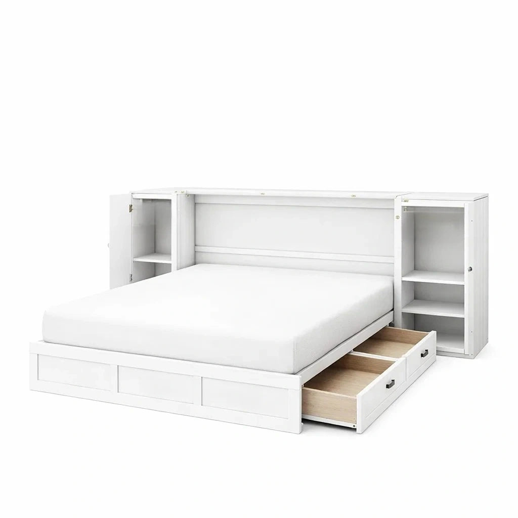 Letto matrimoniale pieghevole in legno con armadi e cassetti, Bianco