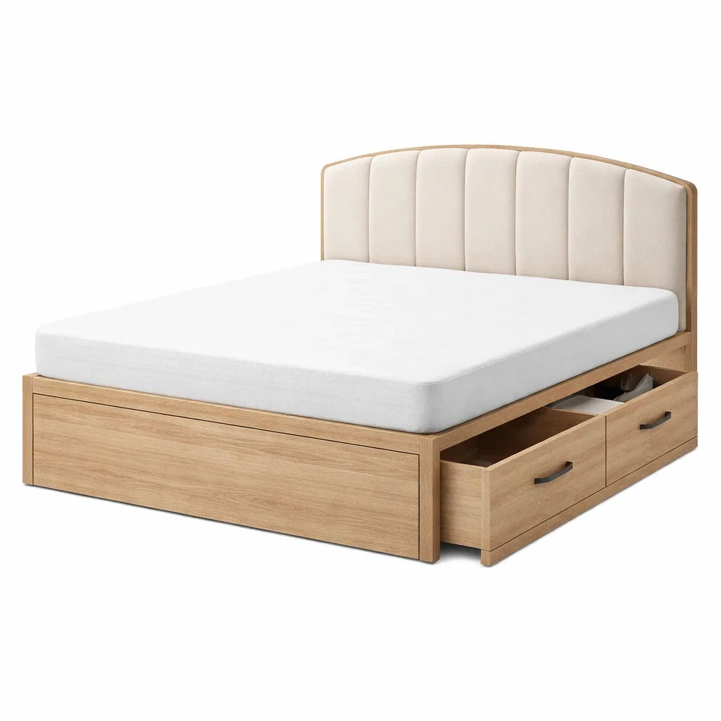 Letto Matrimoniale in Legno Rovere con Testiera Imbottita e Contenitore 160x200 cm
