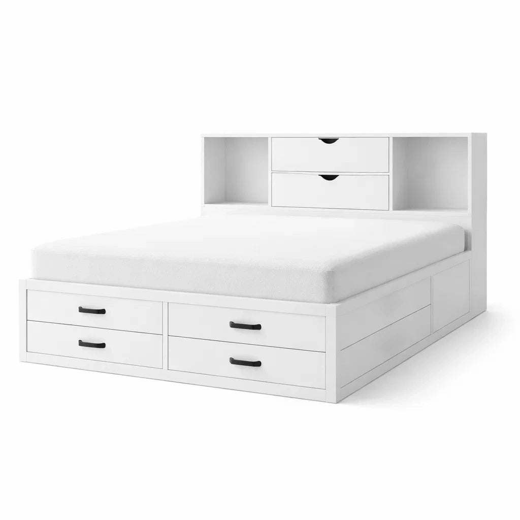 Letto in Legno MDF con Cassetti e Testiera, Bianco