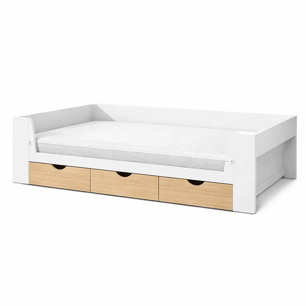 Letto singolo con cassetti in MDF bianco e quercia 200x90 cm