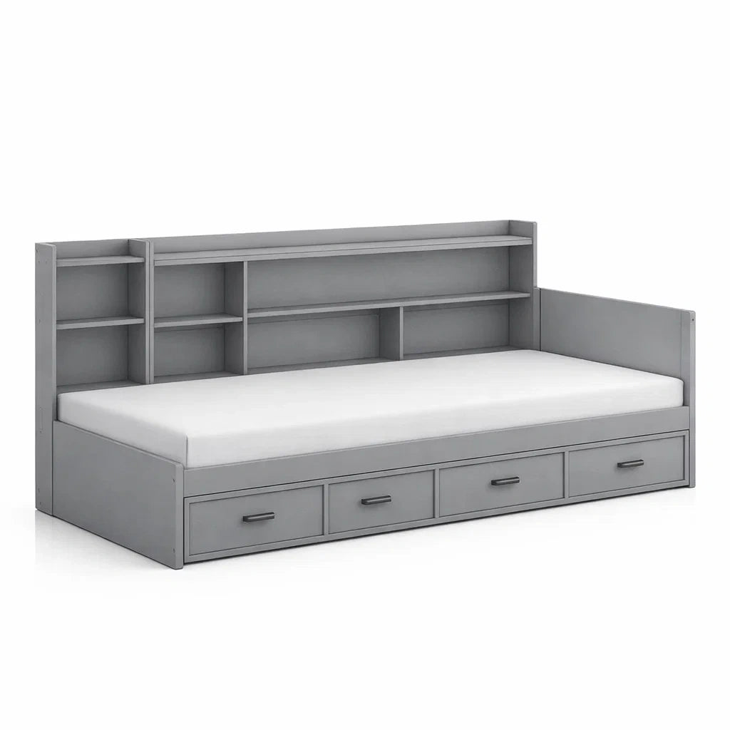 Letto in legno di pino con cassetti e libreria integrata Grigio 200x96 cm
