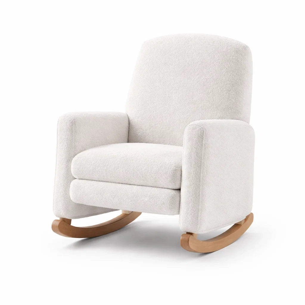 Poltrona a dondolo in tessuto bouclé bianco con base in legno