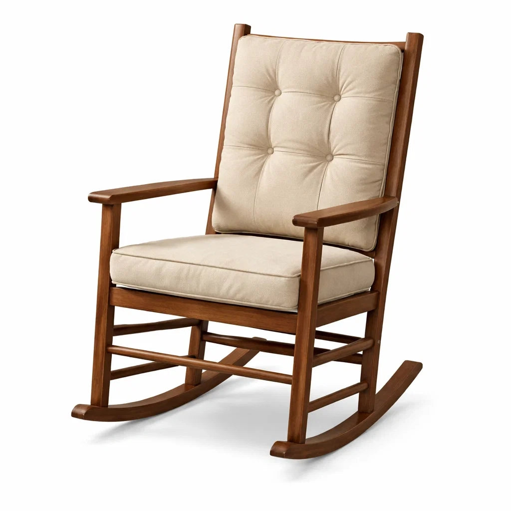 Sedia a Dondolo in Legno con Cuscini Beige