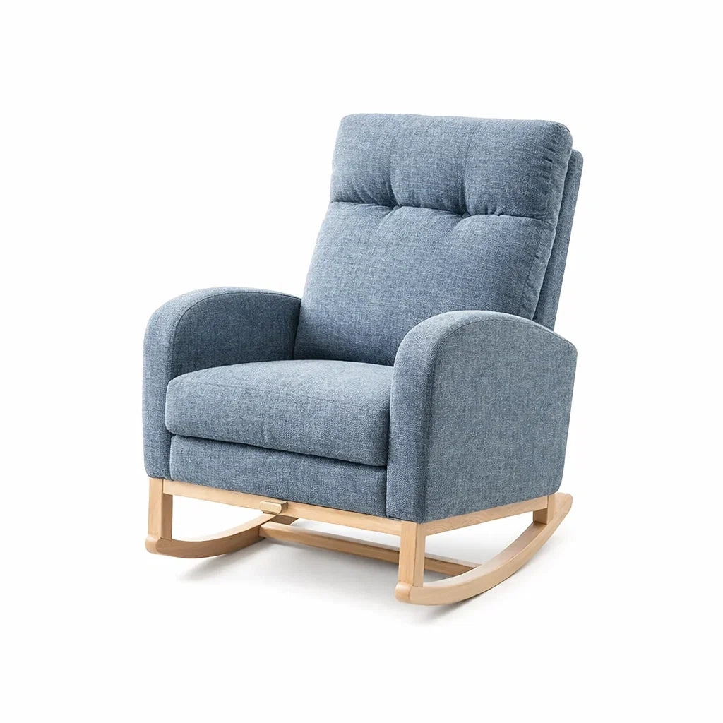 Sedia a dondolo in tessuto blu con struttura in legno