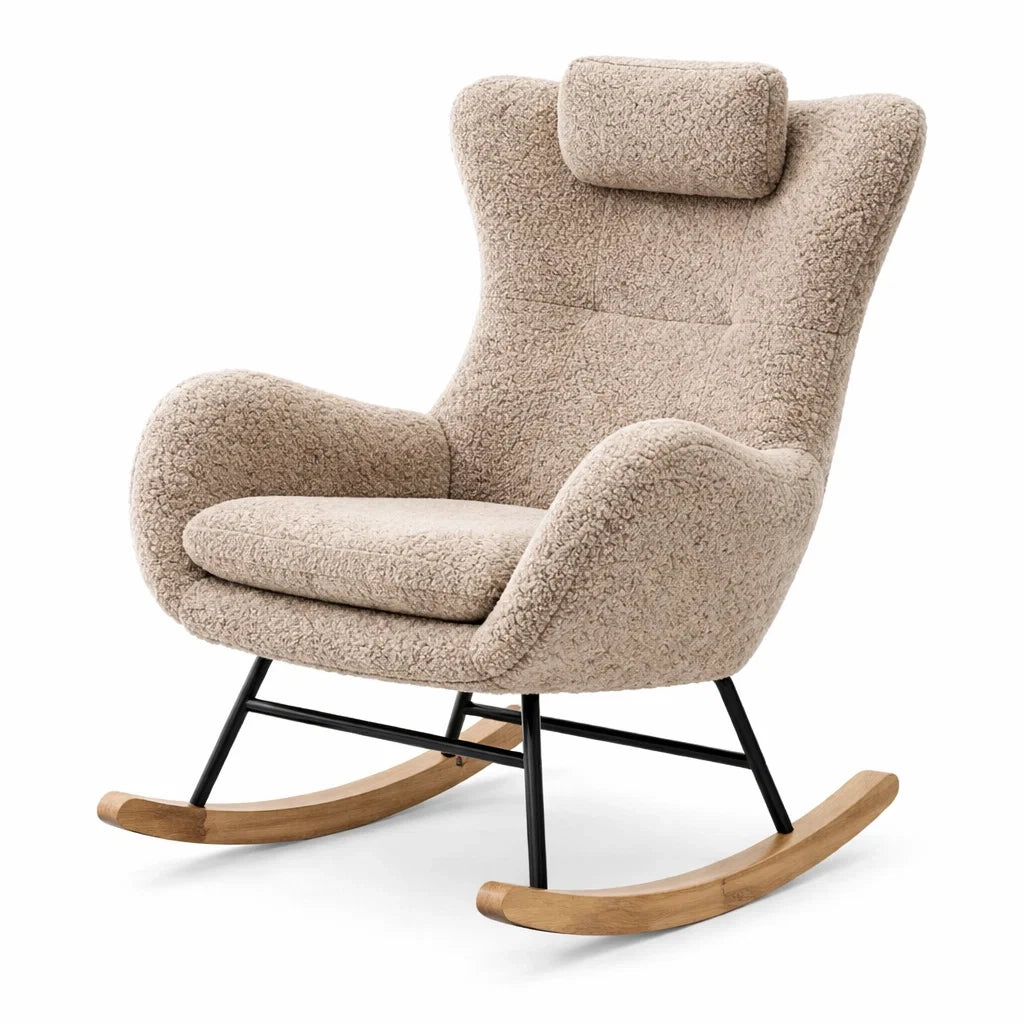 Sedia a dondolo in tessuto bouclé con metallo e legno