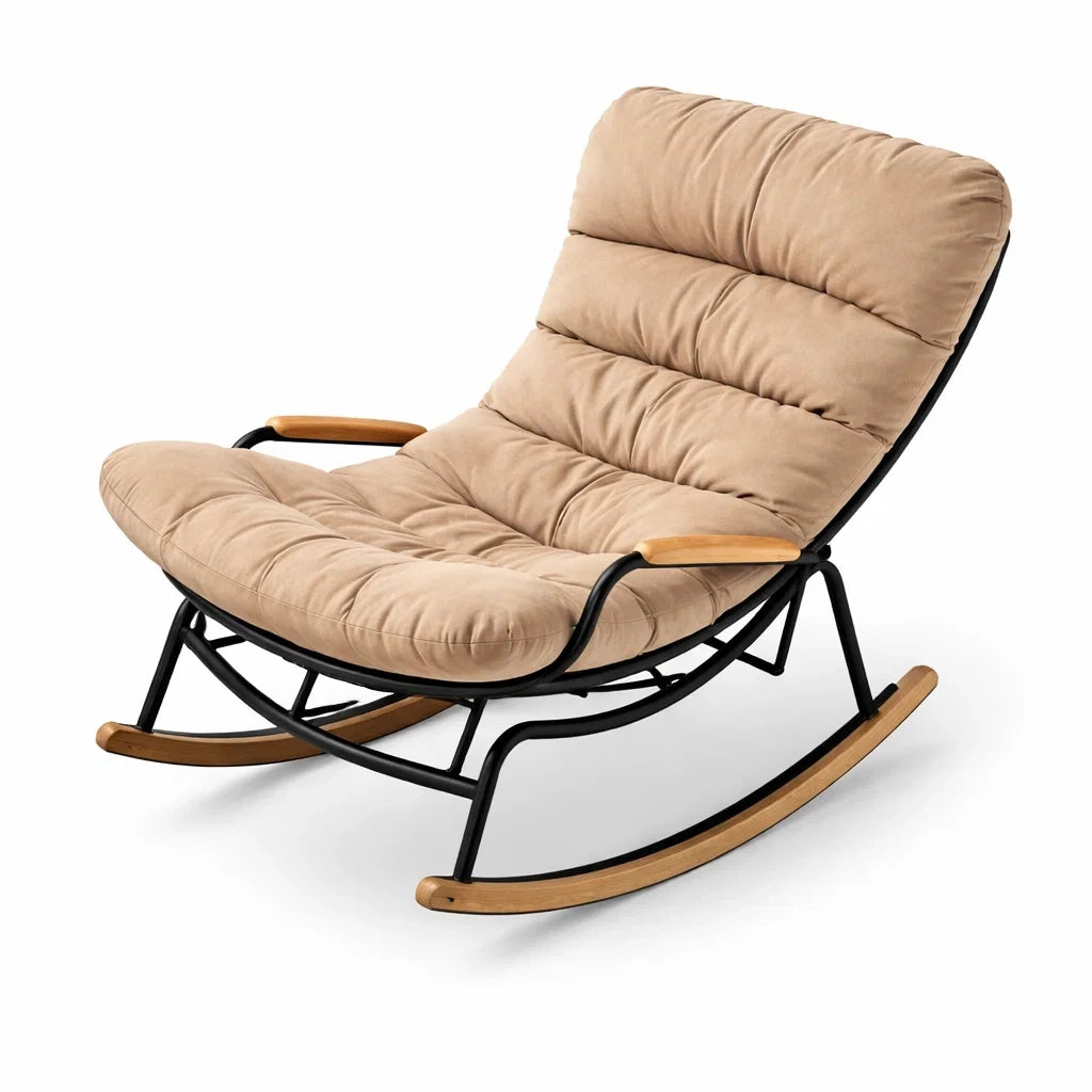 Sedia a dondolo metallo e legno con cuscino beige