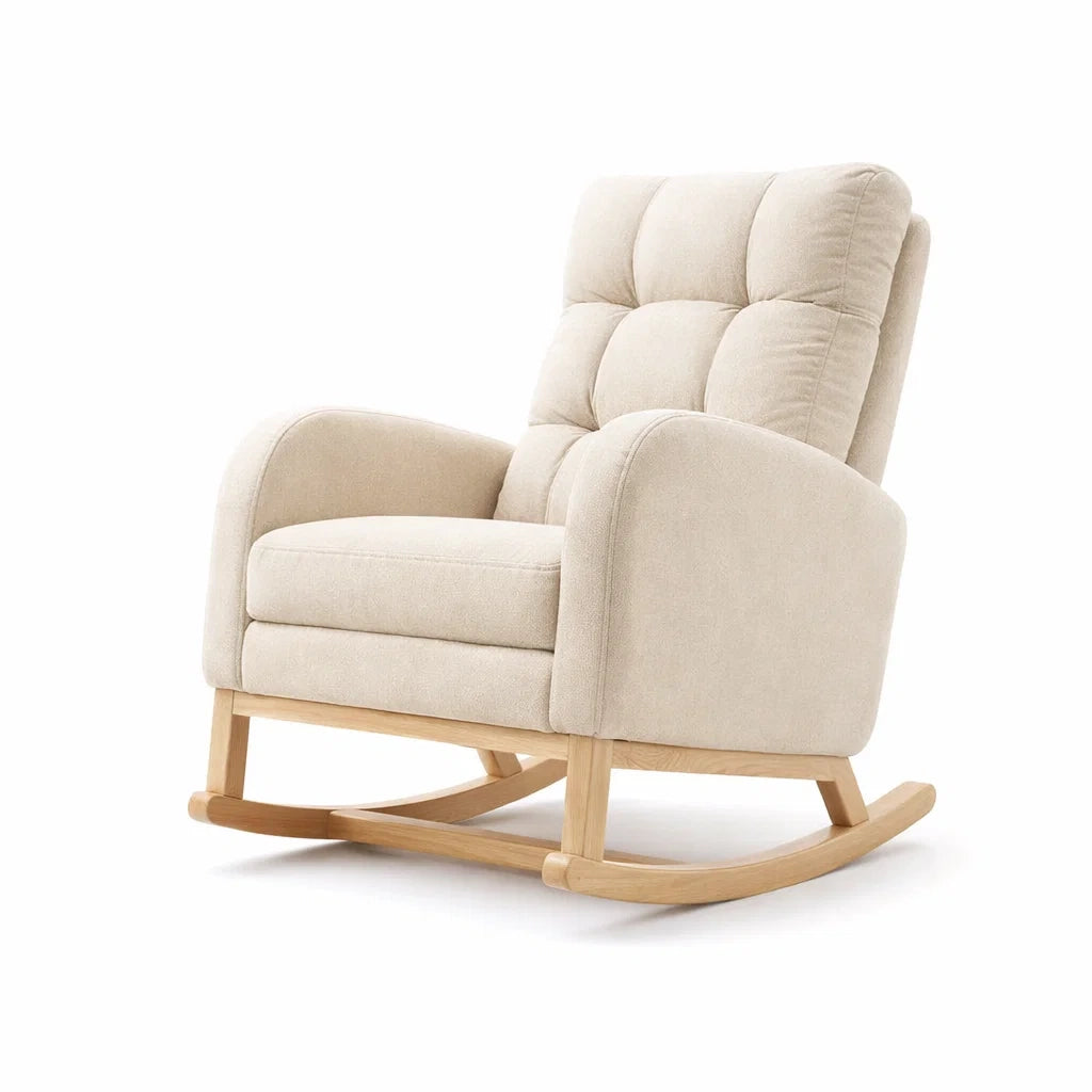 Poltrona a dondolo in legno con rivestimento in poliestere beige