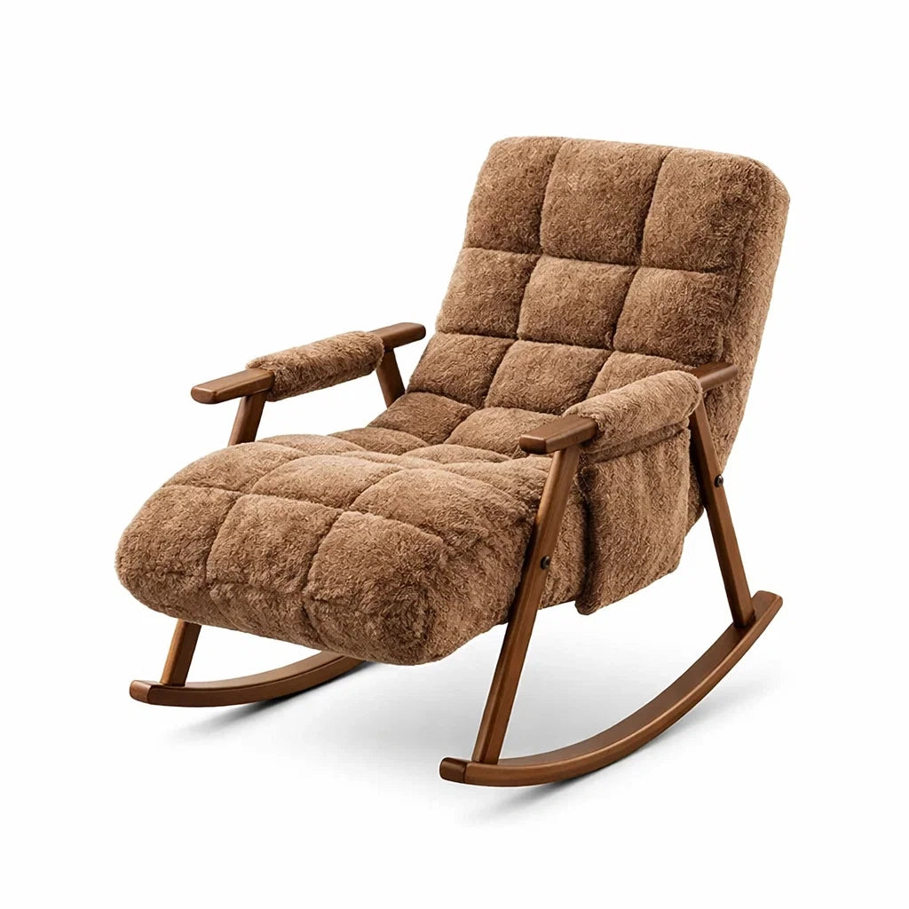 Sedia a Dondolo in Legno con Rivestimento in Peluche Marrone