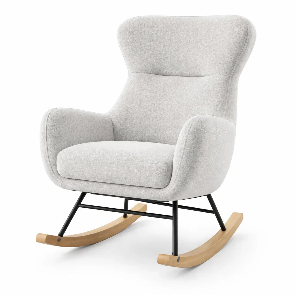 Sedia a dondolo in legno e metallo con rivestimento in tessuto grigio