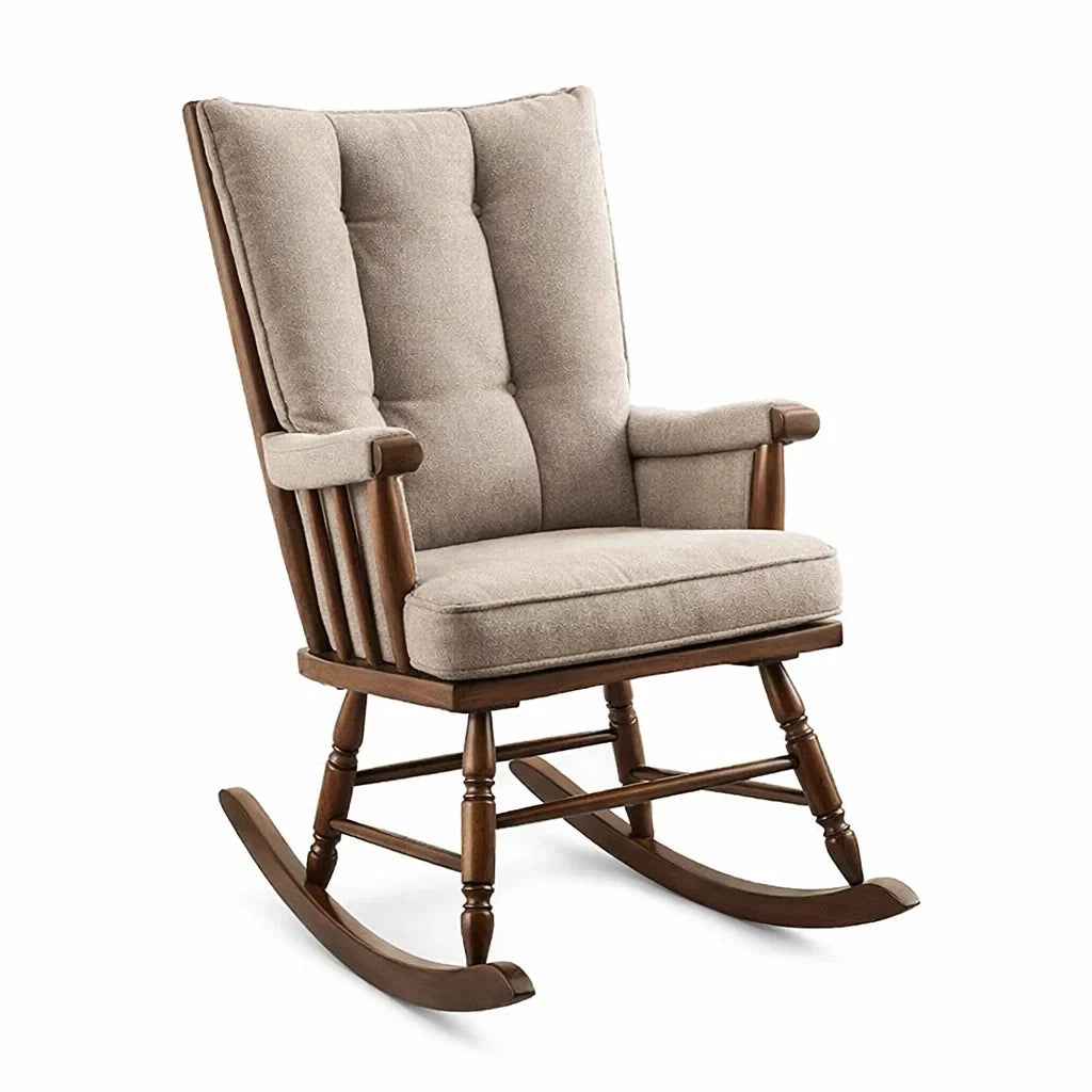 Sedia a Dondolo in Legno e Tessuto Poliestere Beige