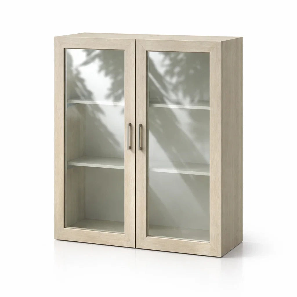 Credenza in Legno con Ante in Vetro Temperato 80x35x125 cm Beige